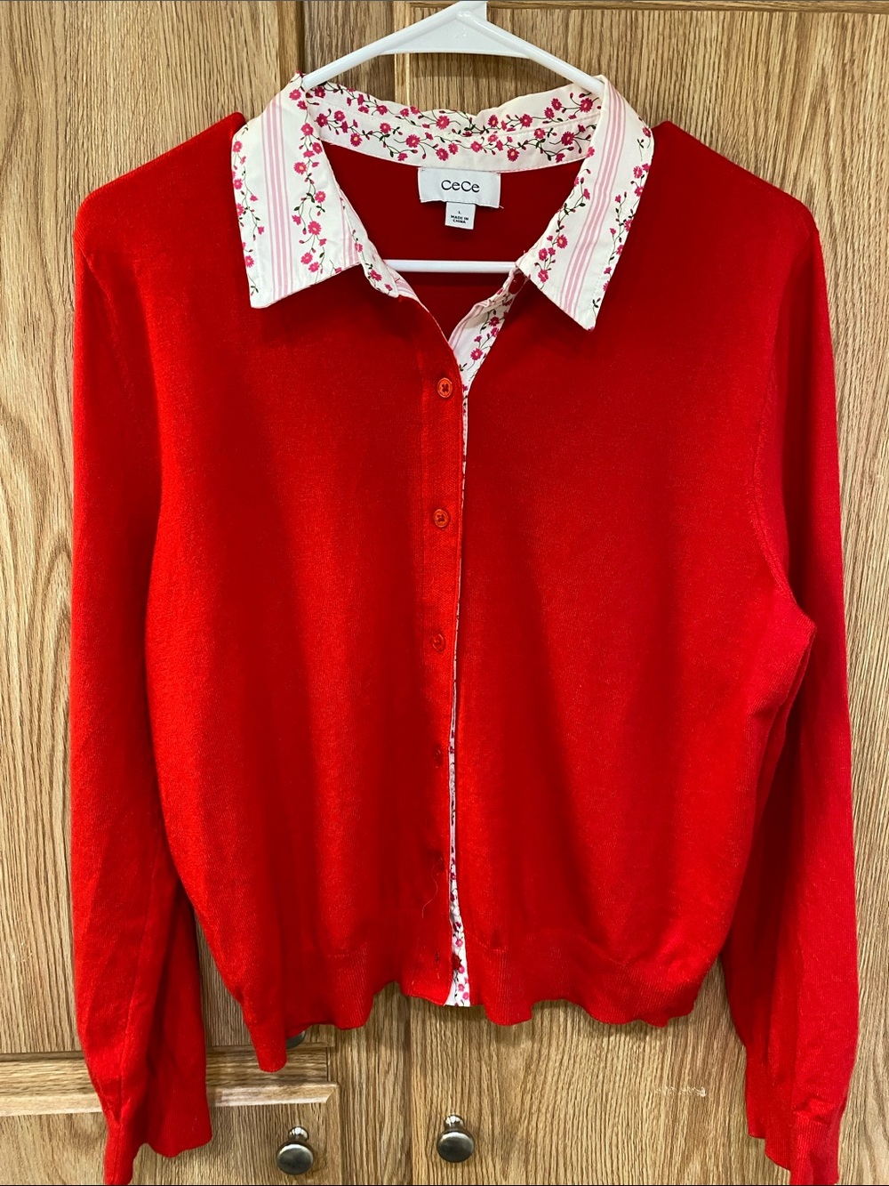 CeCe Red Button-Front Sweater with Floral-Trim Collar
